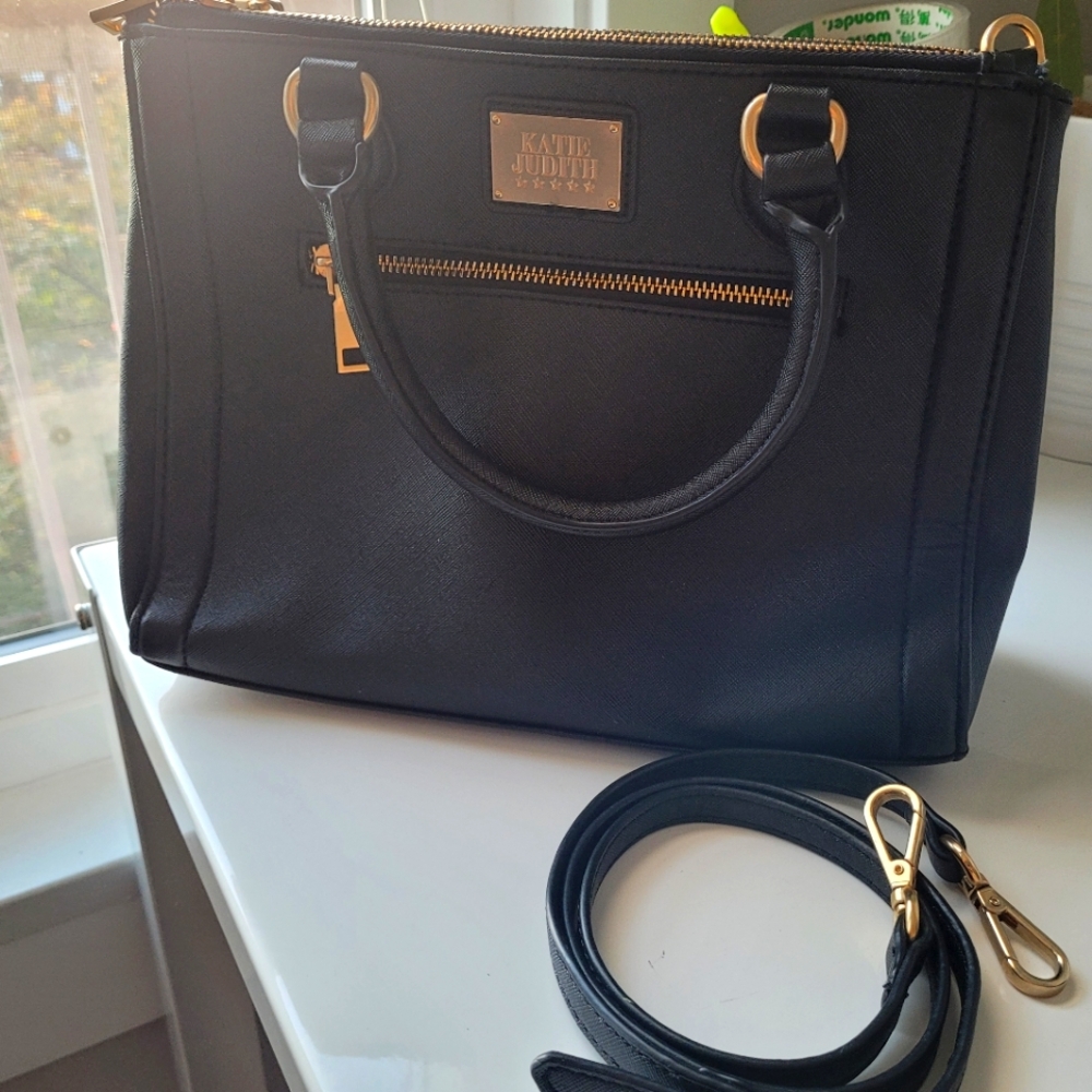 Black Gold Zip Saffiano Galleria Satchel Crossbody Top Handle Katie Judith Bag